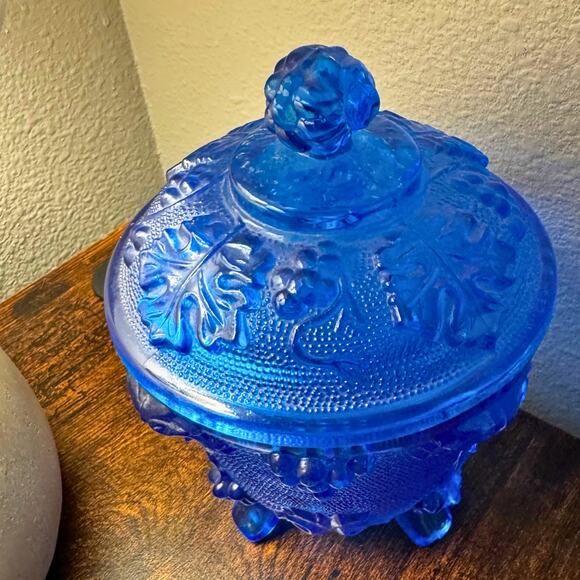 Vintage Cobalt Blue Glass Covered Candy Dish with Grape Leaf Design, Footed - Picture 4 of 7